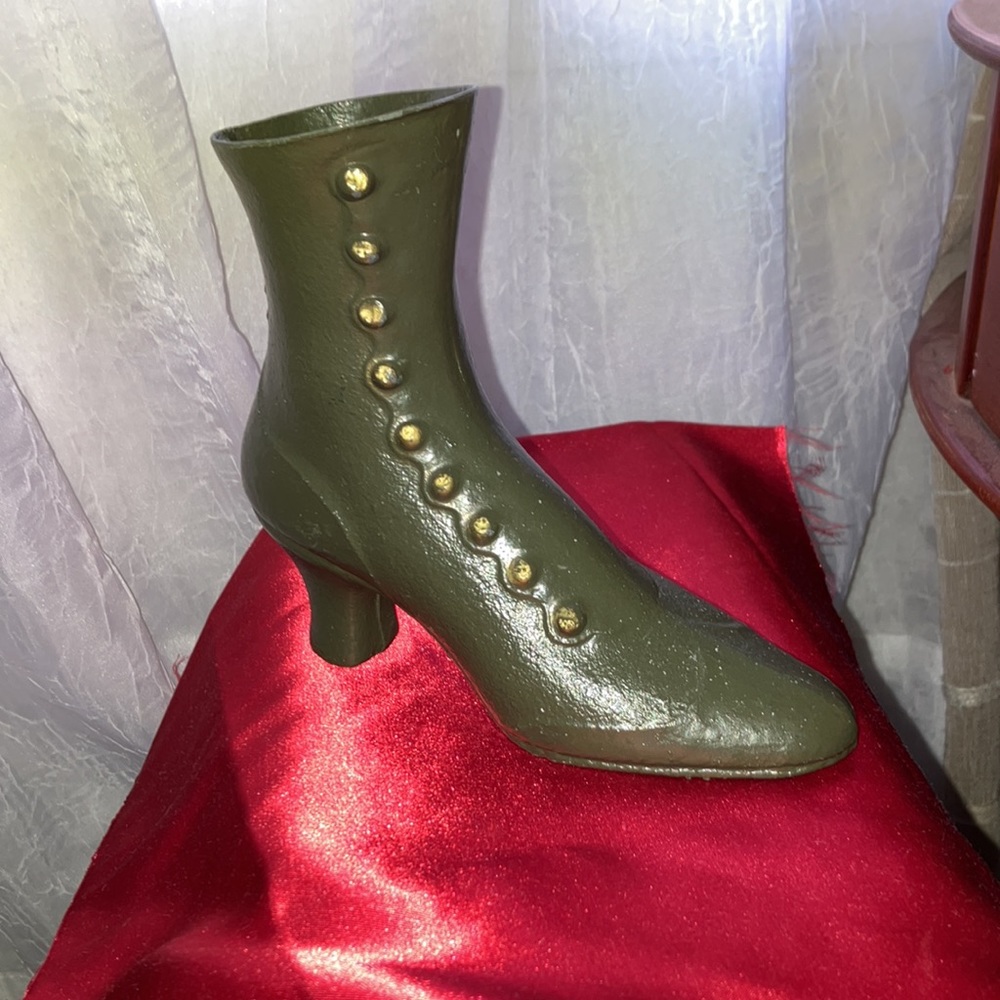 Vintage Metal Shoe Boot Jar or Vase painted Green Gray